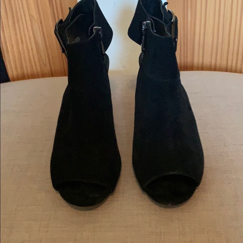 Black suede peep toe booties